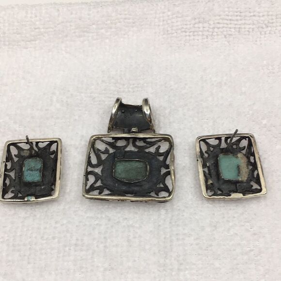 Sterling Silver 925 Mexico Chunky Faux Turquoise Dyed Howlite Pendant & Earrings - Picture 5 of 16